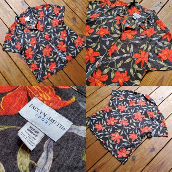 Vintage 90's M black tropical lily short sleeve button top - Picture 5 of 5